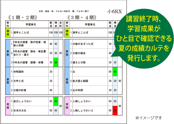 講習終了時、学習成果がひと目で確認できる夏の成績カルテを発行します。