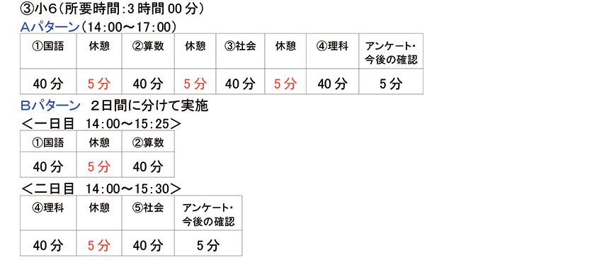 ●学年別のテスト時間・教科の例（※教室によって異なります）