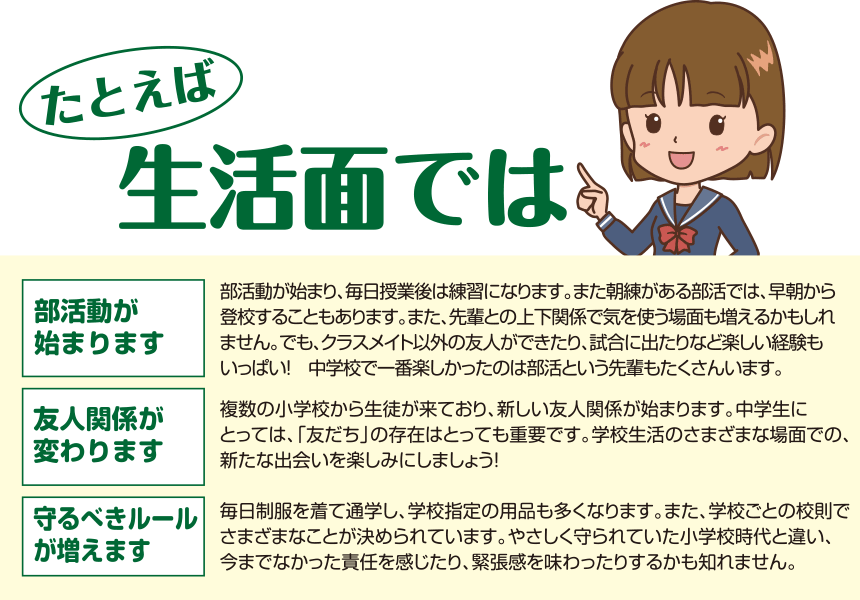 たとえば生活面では、部活動が始まります。友人関係が変わります。守るべきルールが増えます。