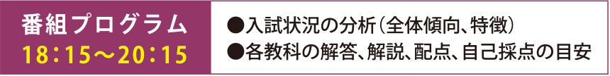 番組プログラム18：15～20：15●入試状況の分析（全体傾向、特徴）●各教科の解答、解説、配点、自己採点の目安