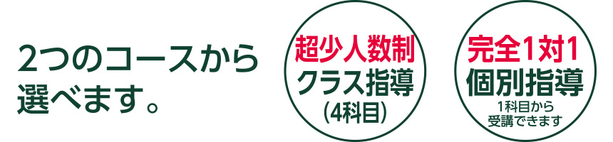 2つのコースから選べます。超少人数制クラス指導(4科目)、完全1対1個別指導(1科目から受講できます)