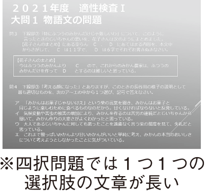 四択問題では1つ1つの選択肢の文章が長い